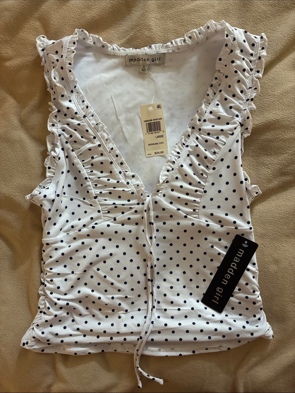 Madden Girl White & Navy Polka Dot Ruffle Camisole